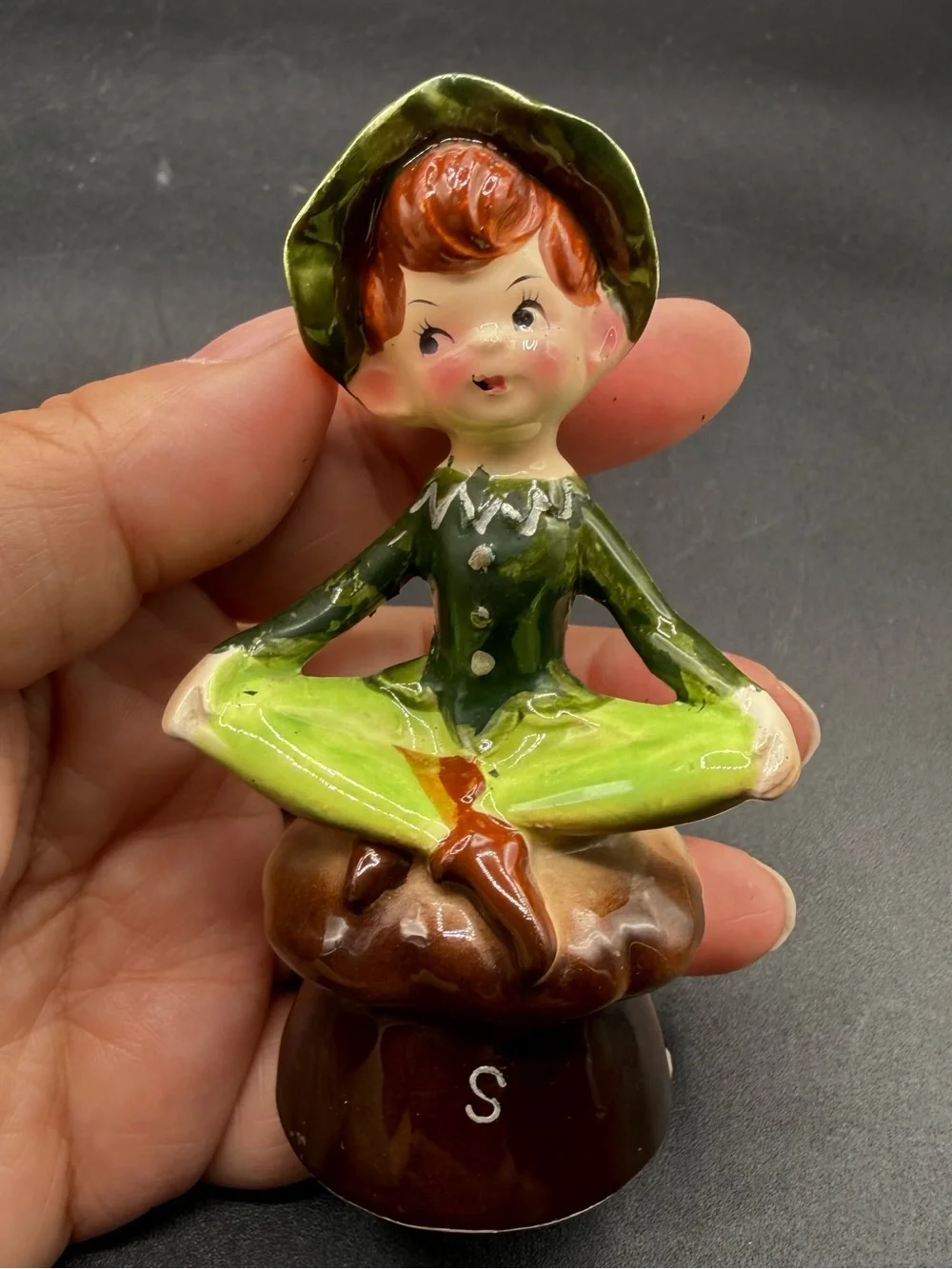 Enesco Green and Brown Ceramic Pixie Figurine Salt and Pepper Shakers